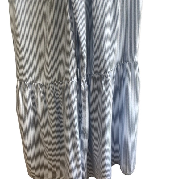 JAPNA WOMENS SMOCKED BODICE JUMPSUIT BLUE WHITE PINSTRIPES FLARE WIDE LEG SZ M - Picture 6 of 8